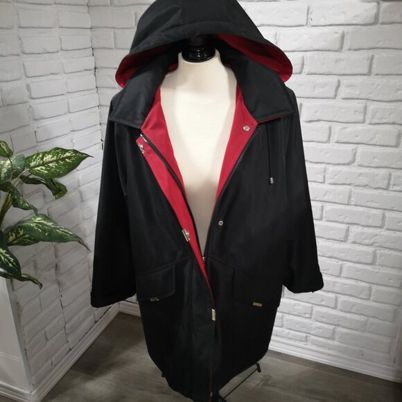 London Fog Ladies Size Large Red & Black Removable Hood Lined Coat - Picture 10 of 13